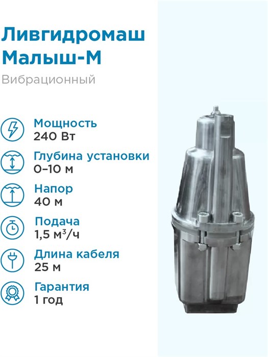 Электронасос Ливгидромаш Малыш-М H60м 1,5м3/час вибрационный, верхний забор, шнур питания 25 м. - фото 15847